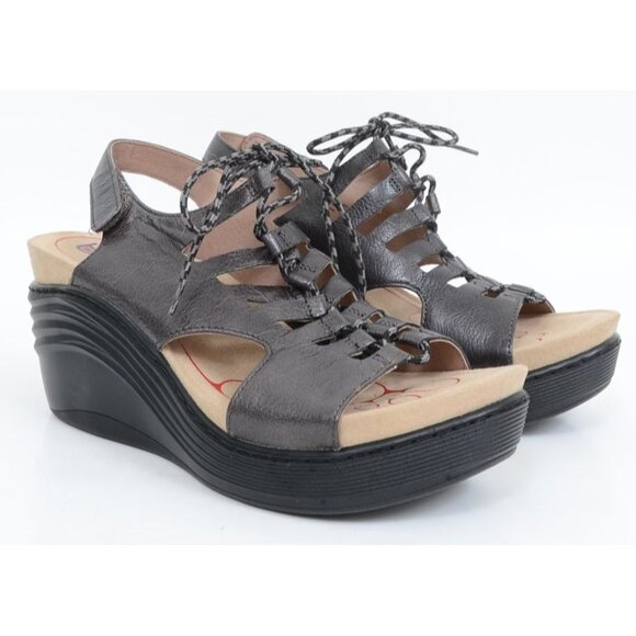Bionica Sirus Leather Hook & Loop Lace Up Wedge Peep Toe Sandals Women's 10 - Picture 1 of 10